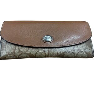 Coach Signature Canvas & Leather Womens Wallet With Snap Closure